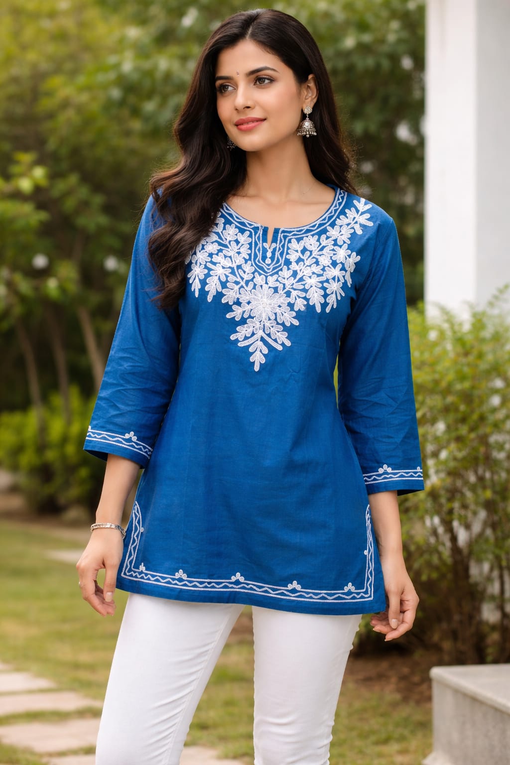 Blue Embroidered Cotton Kurti