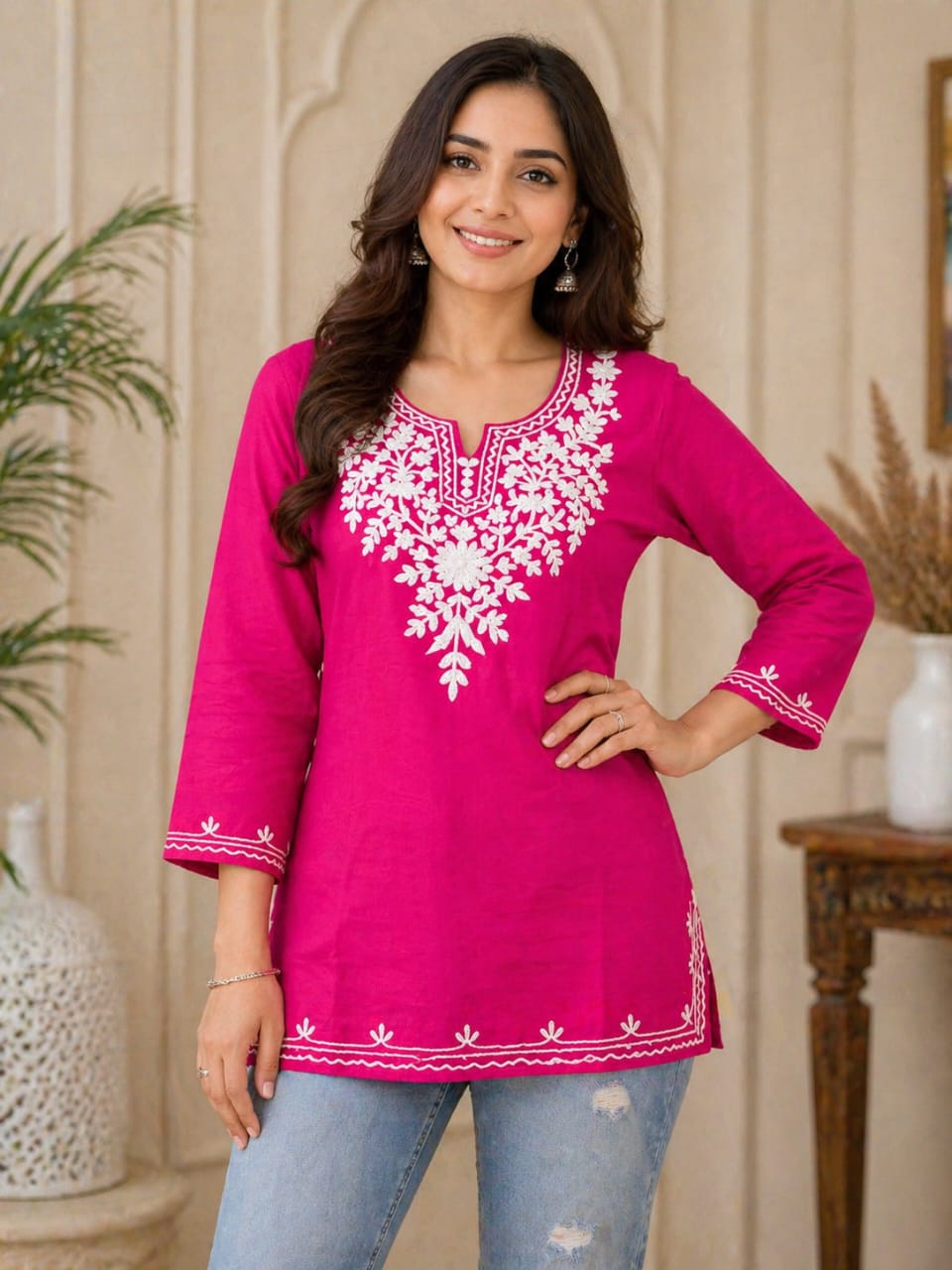 Pink Embroidered Cotton Kurti