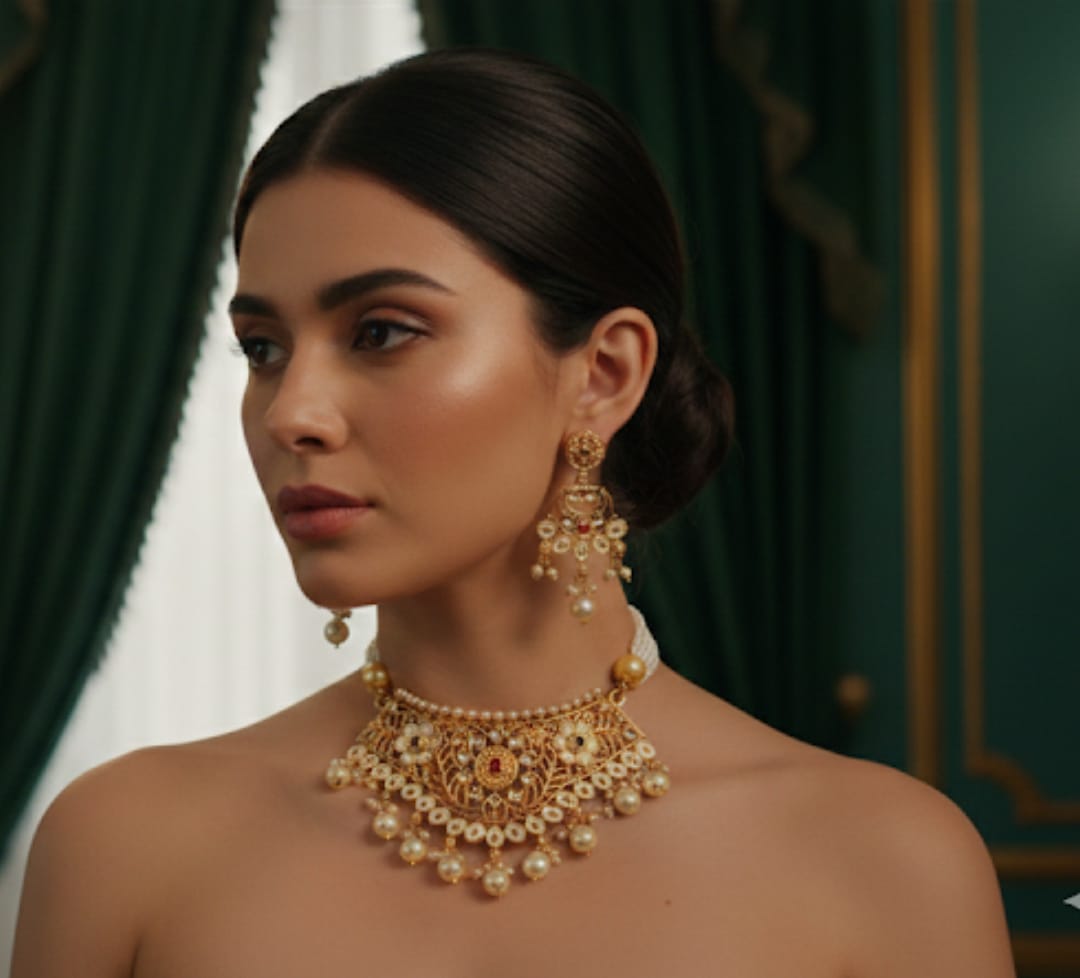 Elegant Pearl Gold Choker Set