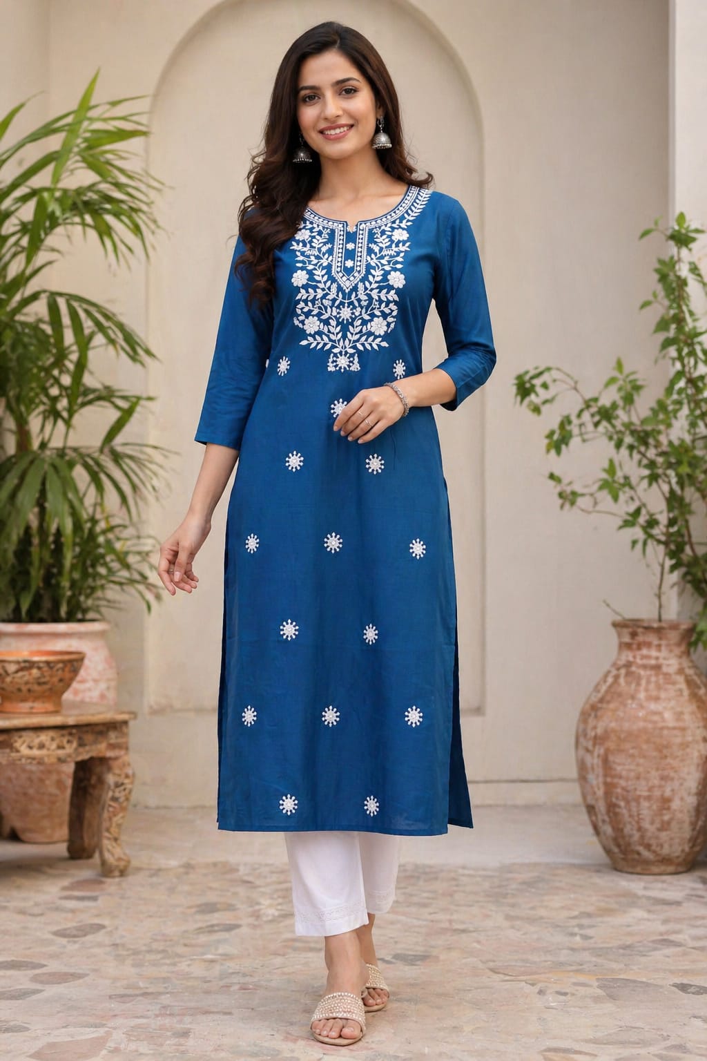 Blue Embroidered Cotton Kurti