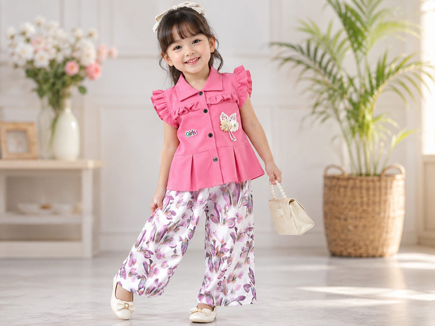 Floral Printed Girls' Cotton Co-ord Set