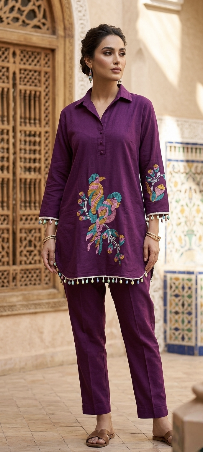 Purple Embroidered Cotton Kurta Set