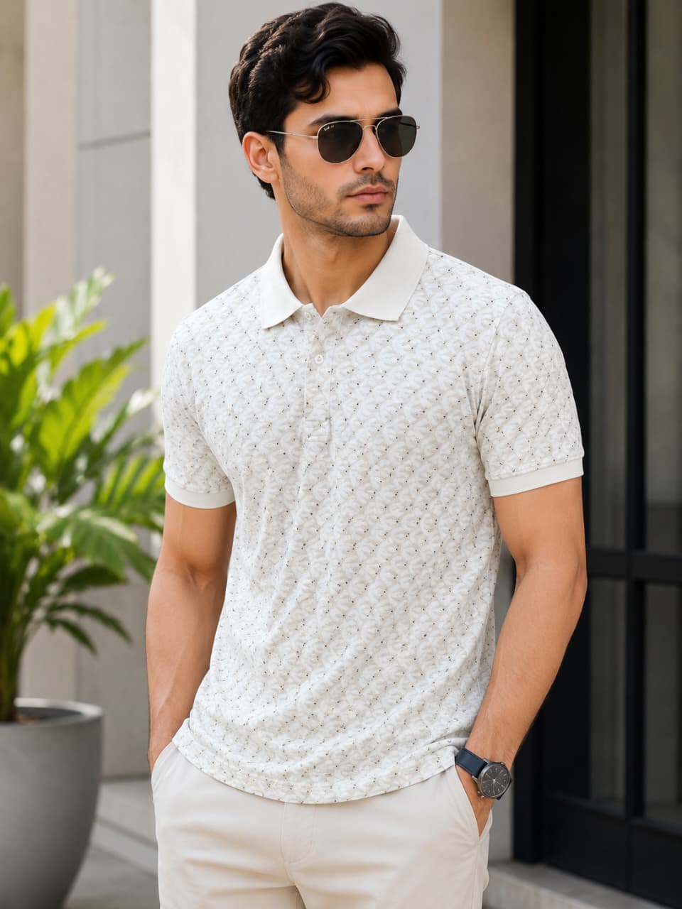 Men's White Patterned Polo Shirt XL