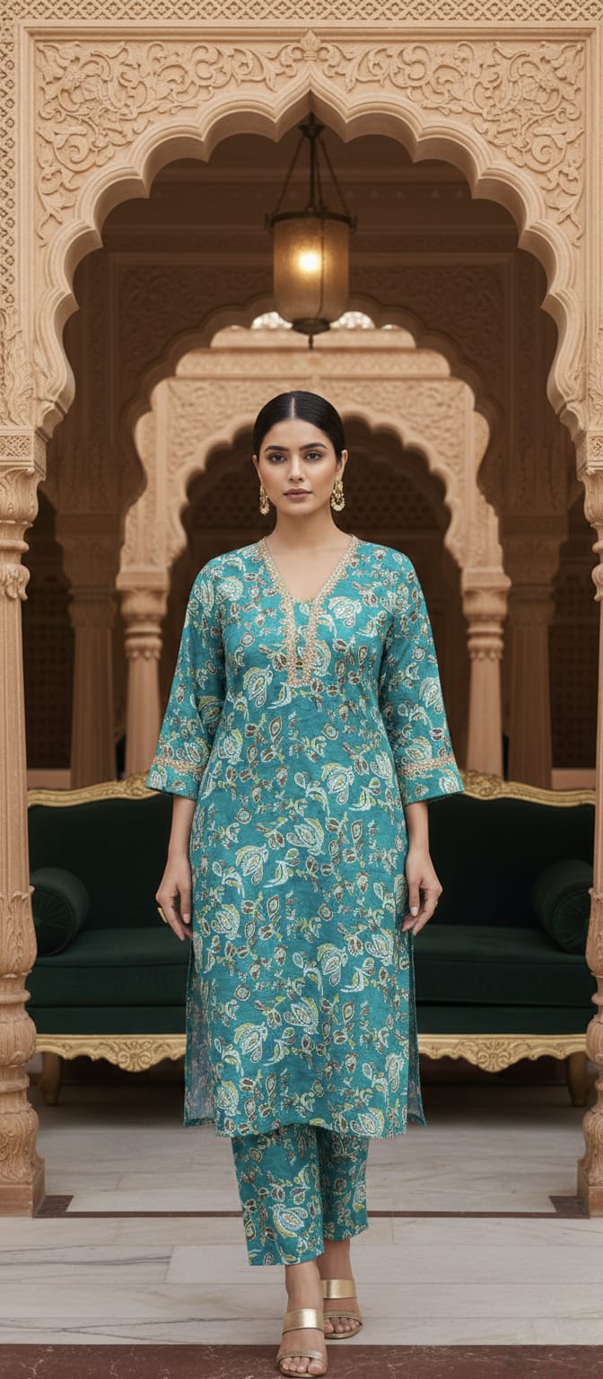 Stylish Teal Floral Kurta Set