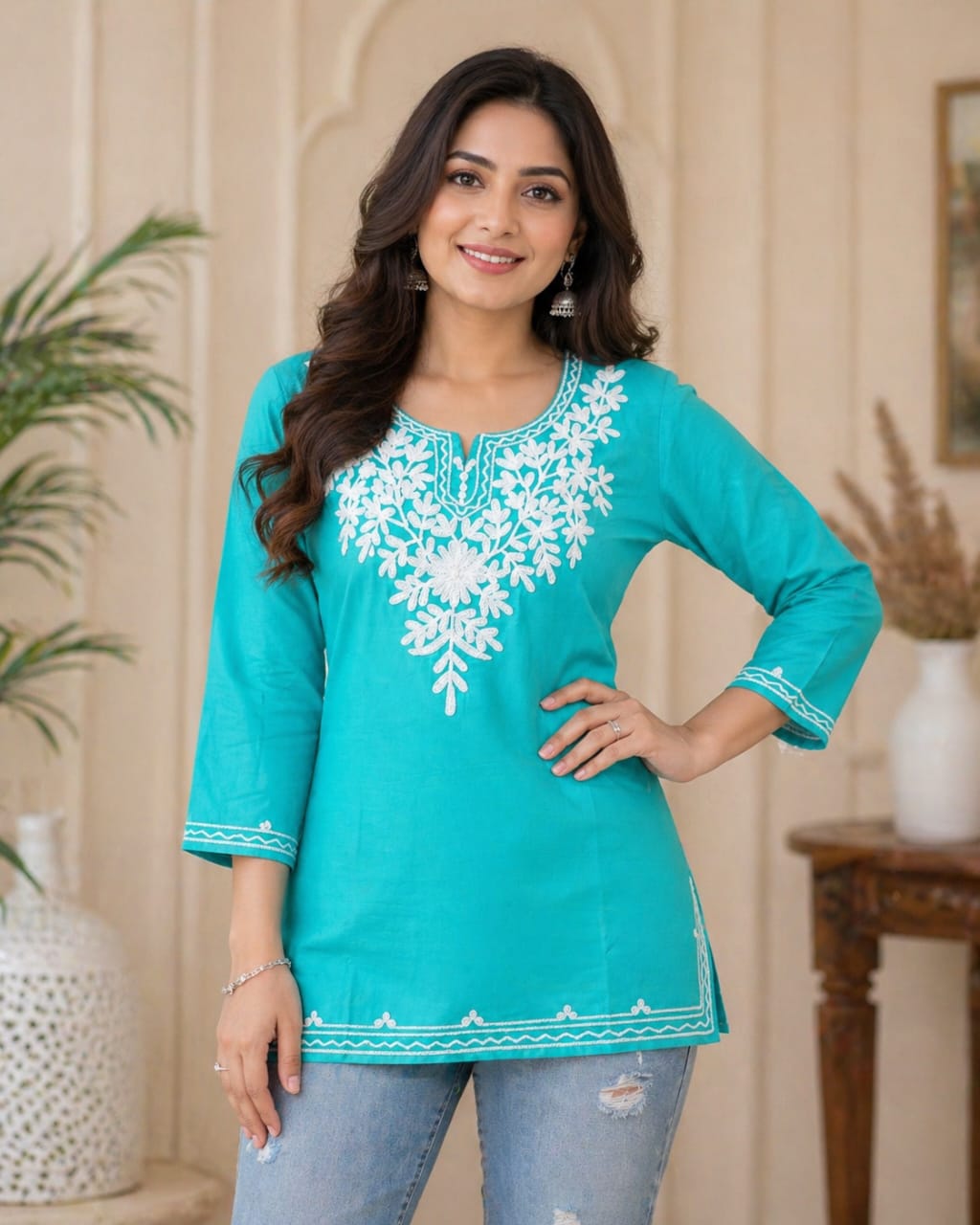 Turquoise Embroidered Cotton Kurti